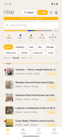Items list showing the household inventory