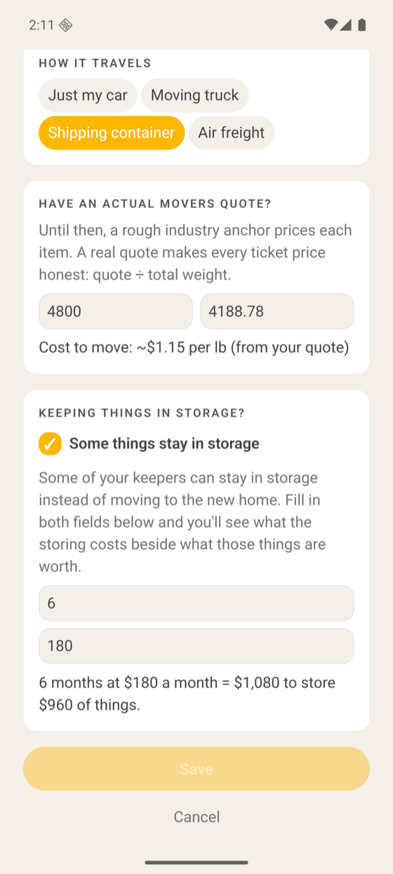 Your Move screen showing storage cost math: six months at 180 dollars against the stored items' worth